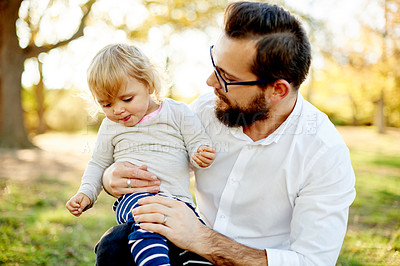 Buy stock photo Outdoor, park and father with child for carrying, relationship and connection together with smile. Happy family, dad and girl with love for bonding, caring and trust on weekend holiday in nature
