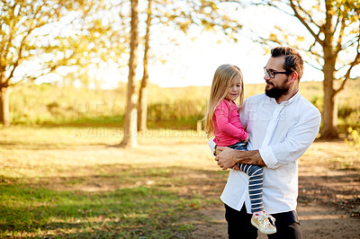 Buy stock photo Outdoor, love and father carrying girl, nature and bonding together with weekend break. Family, single parent and dad in park, daughter and child development with holiday, vacation and explore