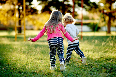 Buy stock photo Back, children and family running at park for playful fitness, summer holiday and bonding together. Kids, toddler and games for adventure, explore nature and fun exercise on vacation in countryside