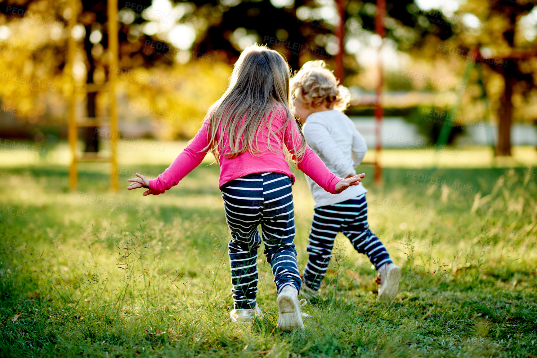 Buy stock photo Back, children and family running at park for playful fitness, summer holiday and bonding together. Kids, toddler and games for adventure, explore nature and fun exercise on vacation in countryside