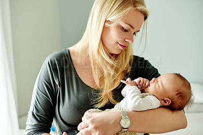Buy stock photo Home, woman and happy with newborn, sleeping and parent with love for baby, protection or childcare. Infant, nap and mom with daughter in nursery, smile and person with girl in house and bonding