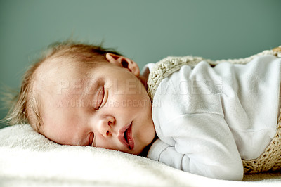 Buy stock photo Relax, home and sleeping with baby on bed, cozy and dreaming with afternoon nap. Eyes closed, child development and kid with rest, calm and comfort with adorable newborn, growth and infant in bedroom