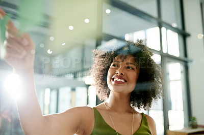 Buy stock photo Business woman, smile and thinking for planning, strategy or brainstorming in creative office. Glass wall, employee and research with ideas, sticky notes and schedule tasks for event project