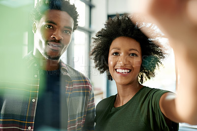 Buy stock photo Plan, team and business people with strategy on glass wall in office for event themes. African workers, agenda and meeting for brainstorming schedule, coordination and smile for creative solution
