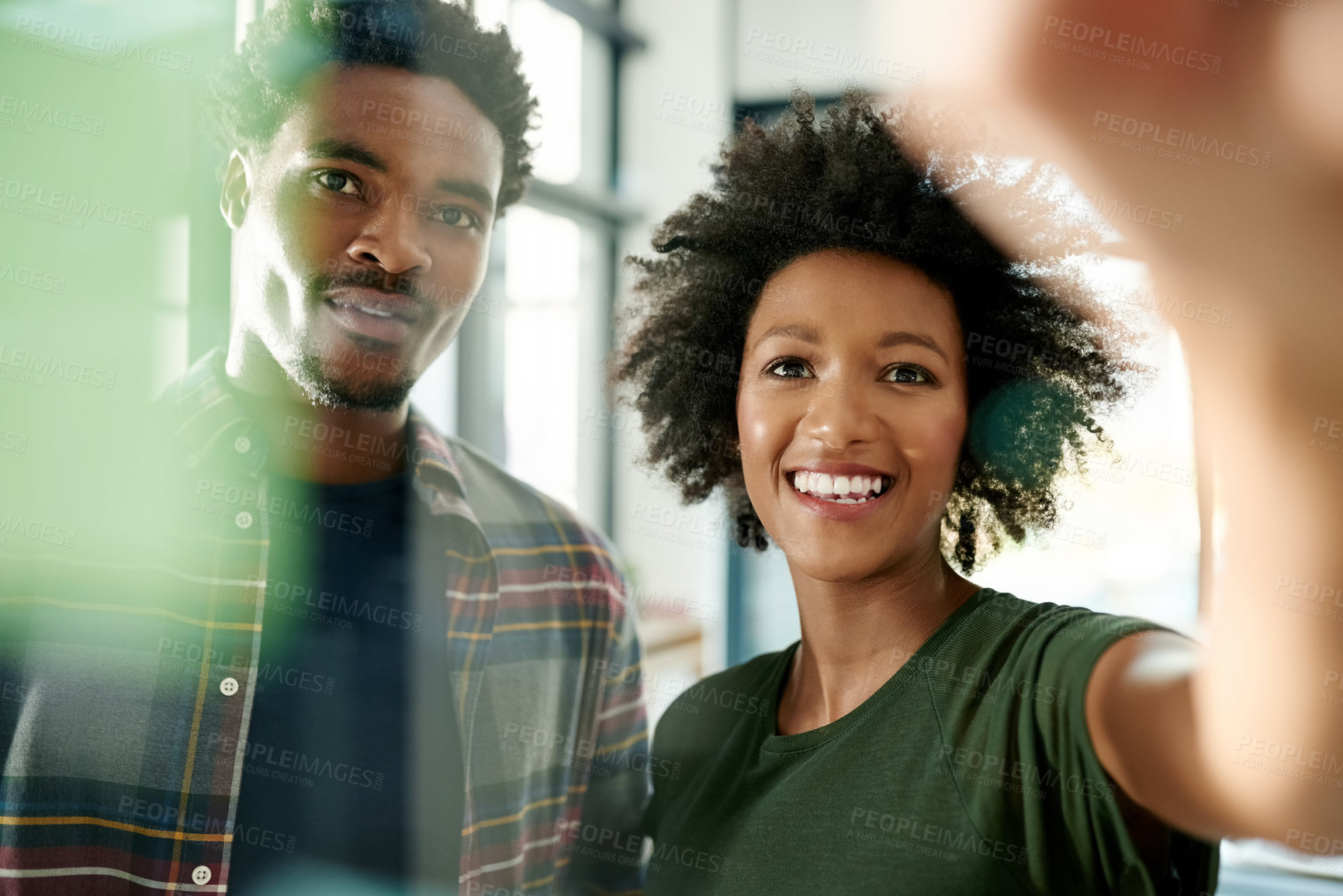 Buy stock photo Plan, team and business people with strategy on glass wall in office for event themes. African workers, agenda and meeting for brainstorming schedule, coordination and smile for creative solution