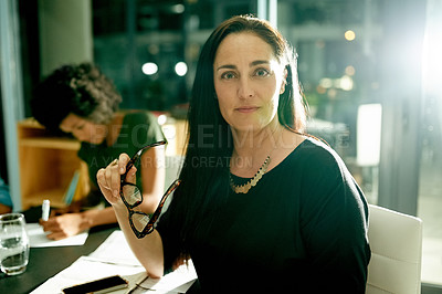 Buy stock photo Portrait, night and woman in office, meeting and planning with copywriting, creative project and glasses. Mature person, evening and journalist with brainstorming, submission and deadline for article