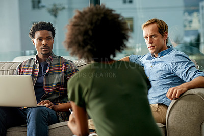 Buy stock photo Group, creative people and meeting in office with discussion, story planning and article feedback. Staff, journalist and team talking with laptop, employees brainstorming and ideas for news headline