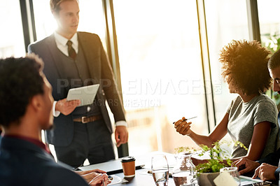 Buy stock photo Business people, tablet and planning in office with team for investment chart or metrics. Group, manager and discussion in boardroom for financial analysis, budget and feedback with tech in meeting