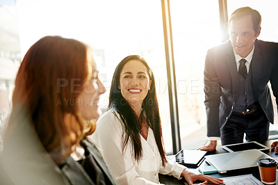 Buy stock photo Teamwork, meeting and idea with business woman in office for planning, collaboration or account manager. Portfolio review, discussion and communication with employees in agency for profit and advisor