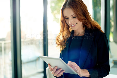 Buy stock photo Tablet, smile and businesswoman in office with research for finance report with budget planning. Happy, communication and female financial advisor with digital technology for investment proposal.