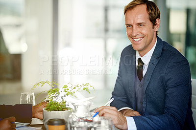 Buy stock photo Thinking, smile and business man in meeting, listening and planning insurance policy. Happy broker, idea and brainstorming in office with solution for financial coverage, discussion and team insight