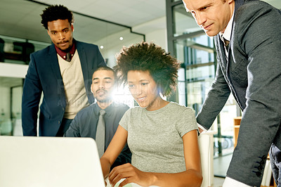 Buy stock photo Online, meeting and business people on laptop in office for financial review, planning and strategy. Professional, teamwork and woman with men on computer for research, finance report and proposal