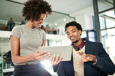 Buy stock photo Business, tablet and man with woman in discussion for financial review, budget planning and strategy. Meeting, teamwork and workers on digital tech for proposal feedback, finance report and advice