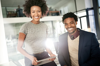 Buy stock photo Smile, tablet and portrait of business people in office lobby with confidence for budget planning. Happy, digital technology and financial advisors with pride for investment report in collaboration.