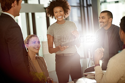 Buy stock photo Woman, lawyer and group with tablet at meeting, talk and happy with review, proposal or legal services. People, team and smile with tech, application and feedback for report at corporate law firm