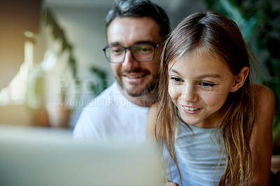 Buy stock photo Streaming, dad and child with smile on laptop in home, watch cartoon movie or bonding on weekend. Mature man, happy girl or entertainment on film subscription site, tech or love for family connection