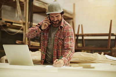 Buy stock photo Carpenter, writing or man with phone call by laptop for material order, client invoice or feedback. Woodwork, worker or talking to supplier for inventory management, project discussion or negotiation