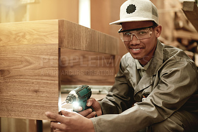 Buy stock photo Drill, PPE or carpenter in portrait with woodwork, furniture restoration or building project. Tools, craftsman or man in workshop with smile, cabinet making or manufacturing in industrial production.