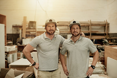 Buy stock photo Team, carpenter and smile with portrait of men in warehouse for woodwork, manufacturing or artisan project. Partnership, joinery studio and craftsman production with people for furniture startup