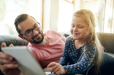 Buy stock photo Entertainment, dad and girl on sofa with tablet, streaming cartoon and family bonding on weekend. Caring man, child or watching movie in home with tech for subscription app, love or relax for support