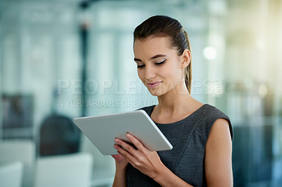 Buy stock photo Finance, office or businesswoman with tablet for budget savings, risk assessment or research. Financial advice, review or investment banker with technology for accounting, news and payroll update