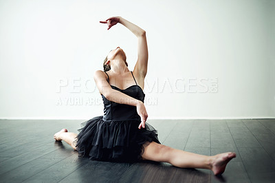 Buy stock photo Grace, splits or woman in studio for ballet hobby, creative ballerina or training space. Wall, white background or flexible dancer in routine with elegance, balance or talent for exercise or energy