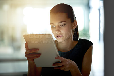 Buy stock photo News, tablet and woman in office for real estate review, research and listing services. Business, blog update or reading on housing project app to check on apartment info, online post or property ads