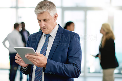 Buy stock photo Tablet, contact and mature businessman in office for finance report with email for communication. Digital technology, research and male financial manager with online investment proposal in workplace.