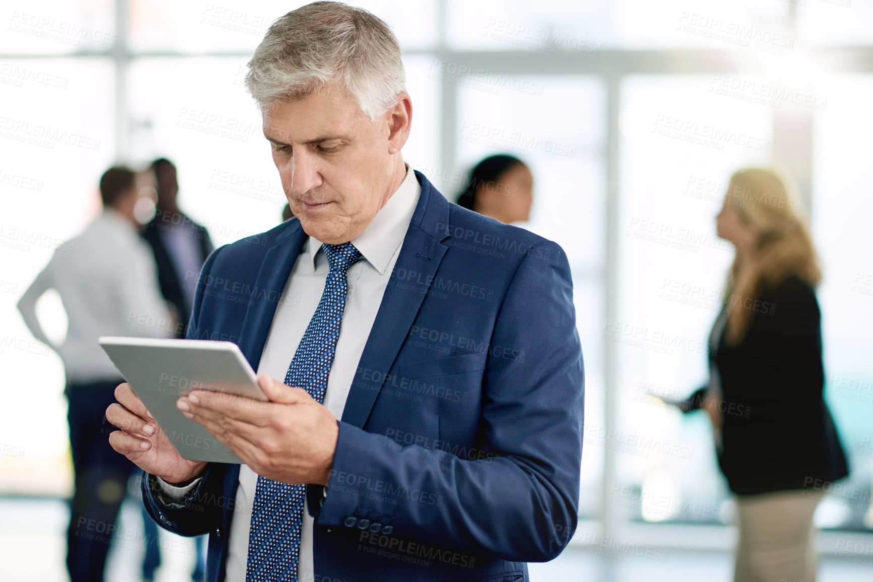 Buy stock photo Tablet, contact and mature businessman in office for finance report with email for communication. Digital technology, research and male financial manager with online investment proposal in workplace.
