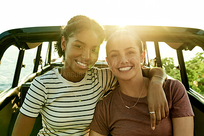 Buy stock photo Road trip, hug and portrait of women in car for summer holiday, vacation and adventure in countryside. Friends, happy and people in vehicle for bonding on journey, tourism and travel destination