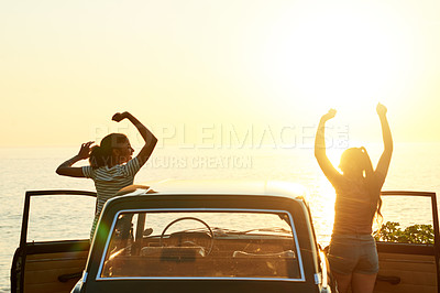 Buy stock photo Shot of two happy young women enjoying a road trip