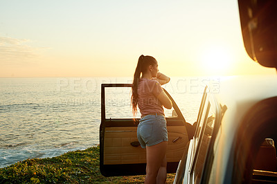 Buy stock photo Sunrise, thinking and woman by car by ocean for road trip, adventure and travel destination by sea. Morning, relax and person by vehicle for holiday, summer vacation and journey in countryside