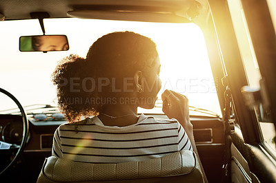 Buy stock photo Friends, sunset and woman with travel in car for adventure, road trip pause and sightseeing. Sunlight, back of person and relax in vehicle with destination view, holiday scenery and weekend journey