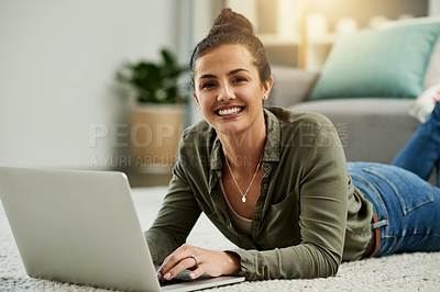 Buy stock photo Laptop, portrait and smile with woman on floor in living room of home for education or online study. Computer, learning and remote with happy student on carpet in apartment for development or growth