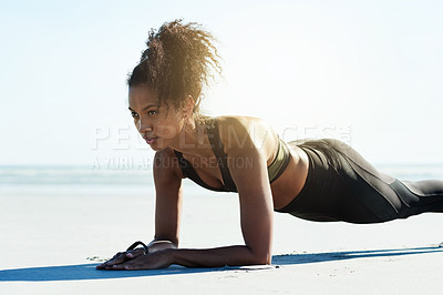 Buy stock photo Plank, fitness and woman at beach for training, exercise and workout challenge for abs. Sports, athlete and core strength at sea for strong muscle, body health and wellness with balance or space