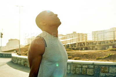 Buy stock photo Athlete, black man and stretching for fitness outdoor to start exercise, training and getting ready. Male person, runner and warm up for sports workout, prepare muscles and marathon practice in city