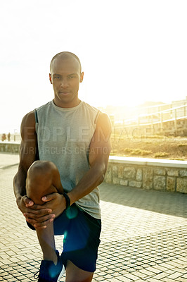 Buy stock photo Portrait, black man and stretching for fitness outdoor to start exercise, training and getting ready. Male person, runner and warm up for sports workout, prepare muscles and marathon practice in city