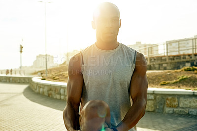 Buy stock photo Thinking, black man and stretching for fitness outdoor to start exercise, training and getting ready. Male person, flare and warm up for sports workout, prepare muscles and marathon practice in city