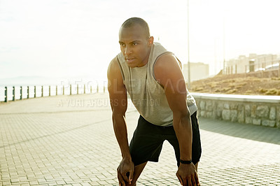 Buy stock photo Black man, runner and thinking on beach promenade, city or break with reflection for fitness. African person, athlete and perspective with inspiration in summer, space or marathon training in Kenya