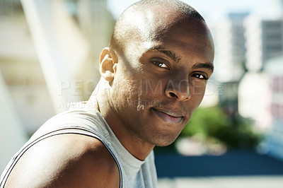 Buy stock photo Black man, portrait and exercise in city for health, sports and confidence with training outdoor. Male athlete, person and fitness in urban town, healthy and active with wellness pride in Ghana
