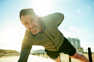 Buy stock photo Fitness, push up and portrait of man in city for bodybuilding training, exercise and workout. Sports, morning and person with strength, wellness and health for performance, muscles and challenge
