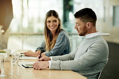 Buy stock photo Business, man and writing on tablet in meeting for planning, article ideas and schedule reminder. Person, staff and digital for research, brainstorming and headline information on story publication