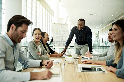 Buy stock photo Meeting, team and business people in office with documents for proposal, finance strategy and feedback. Corporate, collaboration and workers in discussion for planning, project notes or budget review