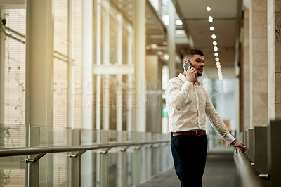 Buy stock photo Phone call, business and man in office for negotiation, discussion and offer for contract. Communication, technology and mature agent in hallway for investment, speaking and finance proposal. 