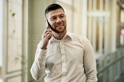 Buy stock photo Business, man and smile with phone call in office for finance negotiation, funding proposal or contact. Financial advisor, employee and speaking to client for investment update, opportunity and chat
