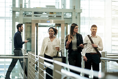 Buy stock photo Walking, tablet and discussion with business people in hotel for conference, meeting and digital schedule. Convention center, tradeshow seminar and online agenda with employees for symposium and expo