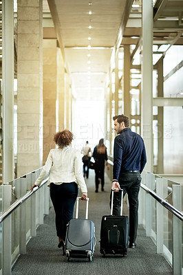 Buy stock photo Airport, team and people with suitcase, business travel and journey for career development and walk. Back, salesman and woman with luggage for flight, opportunity and international trip for seminar
