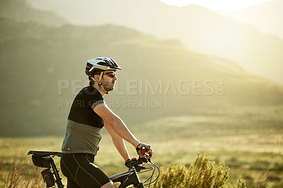 Buy stock photo Thinking, man and fitness with bicycle, nature or training for sport tournament, space and exercise. Outdoor, athlete and eco friendly transport for zero emissions, safety and person with helmet