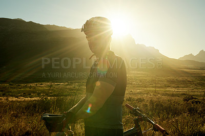 Buy stock photo Man, cycling and bicycle for fitness flare in nature, training or sports on sustainable transport in countryside. Person, cyclist and bike with eco friendly exercise or prepare for triathlon outdoor