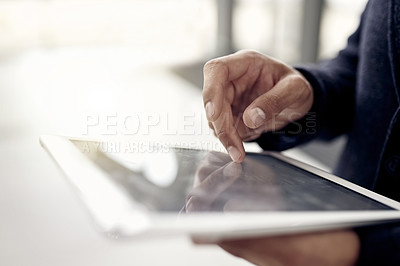 Buy stock photo Hands, screen or lawyer with tablet in office for research, consulting advice or feedback. Closeup, person or attorney with touchscreen in company with legal advisor, flare or review for court case